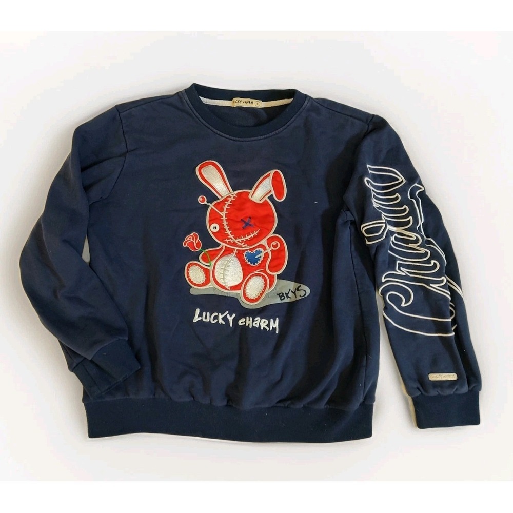 BKYS Lucky Charm Sweatshirt Blue Embroidered Graphic Bunny Charm Sleeve Sz S